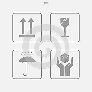 Fragile care box sign and symbol. Cardboard packaging icon set for safety delivery. Vector