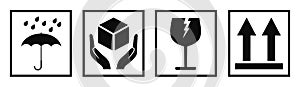 Fragile cargo set icons, fragile package warning signs umbrella, box in hands, glass, side up box, logistics delivery shipping