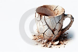 A fragile clay cup at the moment of disintegration. Space for text. photo