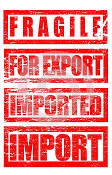 Fragile, For Export, Imported Rubber Stamp Marks Trade Terms photo