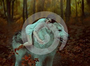 A fragile girl riding a wolf, like Princess Mononoke. Sleeping Beauty. Alaskan Malamute is like a wild wolf. The