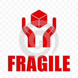 Fragile icon, handle with care logistics shipping. Fragile package delivery, hands and box warning vector sign, isolated photo