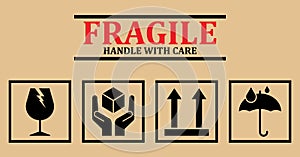 Fragile icons. Set Of Packaging Symbols :this side up, handle with care, fragile, keep dry