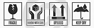 Fragile package icons set, handle with care logistics and delivery shipping labels. Fragile box, cargo warning vector signs