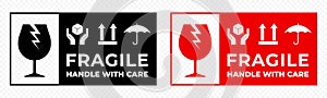 Fragile package icons set, handle with care logistics and delivery shipping labels. Fragile box and glass parcel warning vector