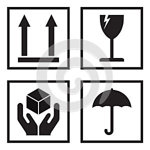 Fragile or packaging symbols. Black fragility signs on white background. Vector illustration.