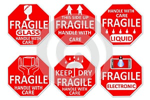 Fragile sticker with handle with care text and Various text Sign