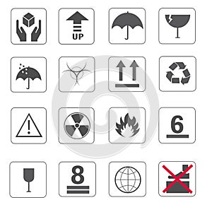 Fragile symbol and symbol of packing box icons set