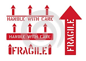 Fragile this way up, handle with care box sign. Logistics rubber stamp set of cargo. Vector illustration