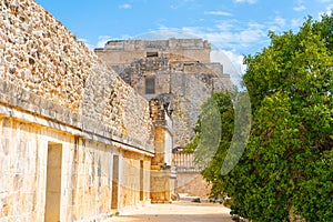 Fragment of the Adivino the Pyramid of the Magician or the Pyramid of the Dwarf. Uxmal an ancient Maya city of the classical per photo
