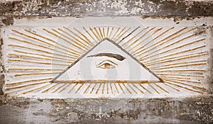 A fragment of the ancient burial complex. Almighty eye of God  An ancient mystical sacred symbol of illuminates. Masonic symbol.