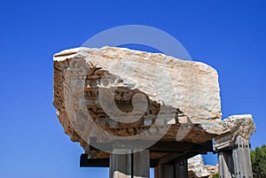 Fragment of the ancient cornice in the National Archaeological Park Caesarea