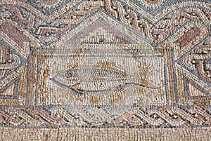 Fragment of ancient religious mosaic in Kourion, Cyprus