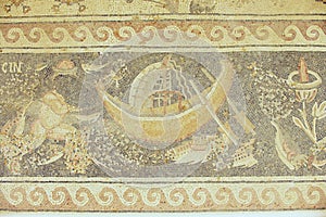 Fragment of the ancient Roman floor mosaic at the ruins of the Saint Stevens Church at an archeological site in Umm ar-Rasas.