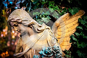 A fragment of ancient sculpture angel in the old cemetery. Symbol of love, invisible forces, purity, enlightenment, ministry,