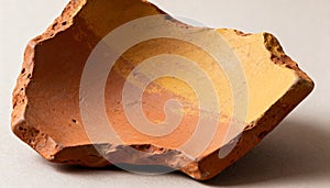 Fragment of ancient terracotta pottery sherd with weathered reddish-orange and yellow surface texture found