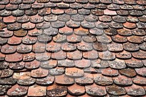 Fragment of ancient tiled roof of an old building. Tiles overgrown with moss. Natural background. Copy space