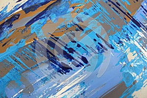 fragment artwork. Blue lines and brown details of the pattern. Abstract art painting background. Paint texture