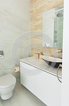 Fragment of bathroom interior wash basin unit cabinet mirror toilette bowl. Modern minimalist style practical design materials