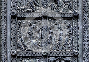 Fragment of Bremen`s Cathedral Metalic Door with religious decorations