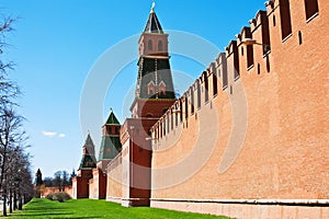 Fragment of brick walls and towers of the Moscow Kremlin