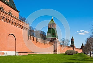 Fragment of brick walls and towers of the Moscow Kremlin