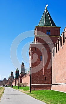 Fragment of brick walls and towers of the Moscow Kremlin