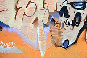 Fragment of colored street art graffiti paintings with contours and shading close up