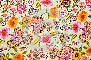 Fragment of colorful retro tapestry textile pattern with floral