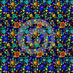 Fragment of colorful retro tapestry textile pattern with floral ornament useful as background