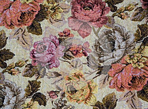 Fragment of colorful retro tapestry textile pattern with floral ornament useful as background