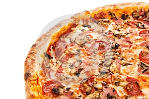 Fragment of delicious classic italian Pizza Carbonara with ham, sausages tomatoes, mushrooms and cheese