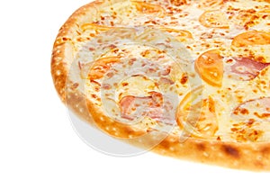 Fragment of delicious classic italian Pizza with ham, tomatoes and cheese