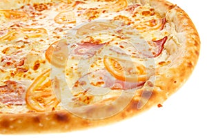 Fragment of delicious classic italian Pizza with ham, tomatoes and cheese