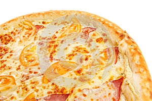 Fragment of delicious classic italian Pizza with ham, tomatoes and cheese