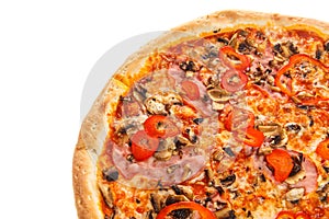 Fragment of delicious classic italian pizza with ham, vegetables, mushroom and cheese