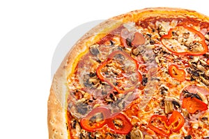 Fragment of delicious classic italian pizza with ham, vegetables, mushroom and cheese