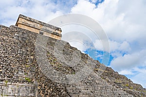 Fragment of el Castillo pyramid Temple of Kukulcan. General view. Architecture of ancient mayan civilization. Chichen Itza arche