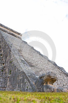 Fragment of el Castillo pyramid Temple of Kukulcan. General view. Architecture of ancient mayan civilization. Chichen Itza arche