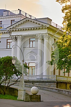 Fragment of the Elagin Palace in park on a summer sunny morning in Petersburg