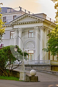 Fragment of the Elagin Palace in park on a summer sunny morning in Petersburg