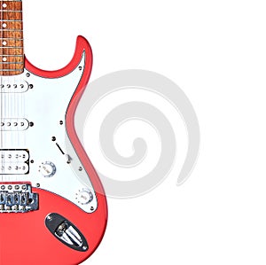 Fragment of an electric guitar on an isolated white background. Empty space for text