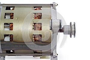 Fragment of electric motor with pulley, side view