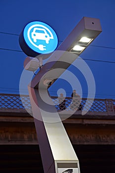 Fragment of electrogas station EZS for electric vehicles against the background of the evening sky. Kaliningrad, Moskovsky Avenu