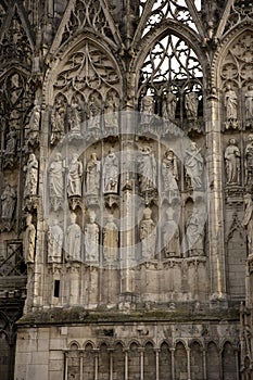 Fragment of the facade in 12th-century Gothic Notre-Dame Cathedral of Rouen. France