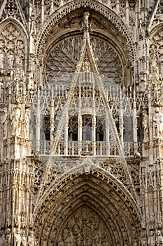Fragment of the facade in 12th-century Gothic Notre-Dame Cathedral of Rouen. France
