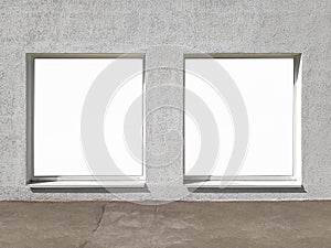 A fragment of the facade of a building with two display windows on the ground floor