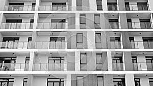 Fragment of a facade of a building with windows and balconies. Black and white.