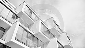 Fragment of a facade of a building with windows and balconies. Black and white.