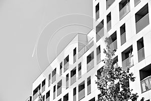 Fragment of a facade of a building with windows and balconies. Black and white.